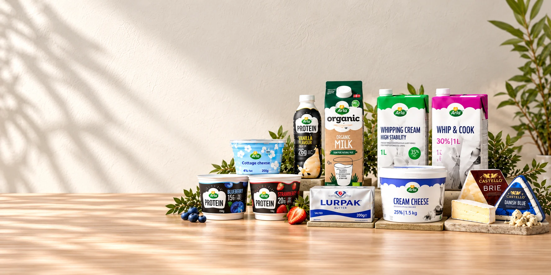 The Arla, Lurpak and Castello range: protein yoghurts and shake, cottage cheese, organic milk, whipping cream, Whip and Cook, Lurpak butter, cream cheese, brie and Danish blue