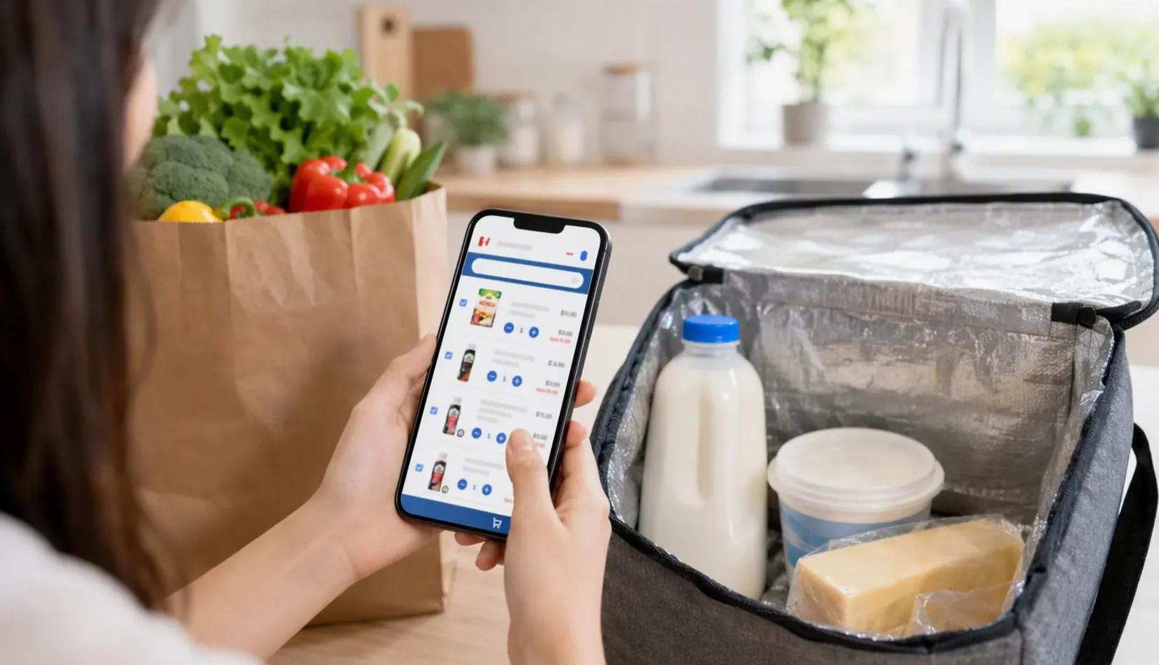 Ordering dairy on the FairPrice app, with a chilled delivery bag packed