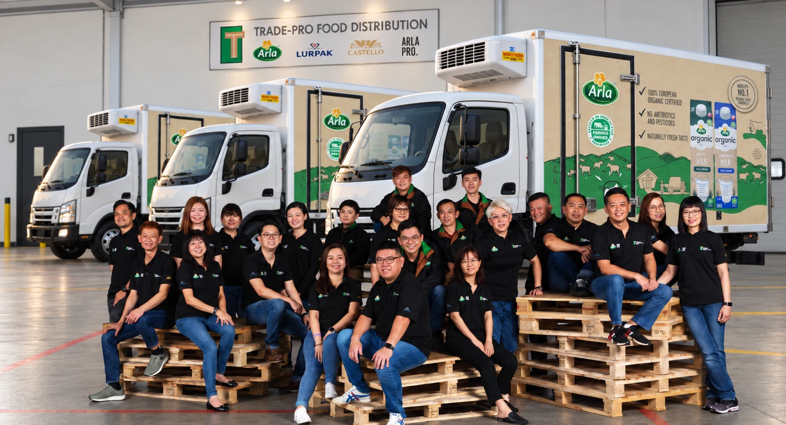 The Trade-Pro Food Distribution team in front of the delivery fleet at the Tuas facility